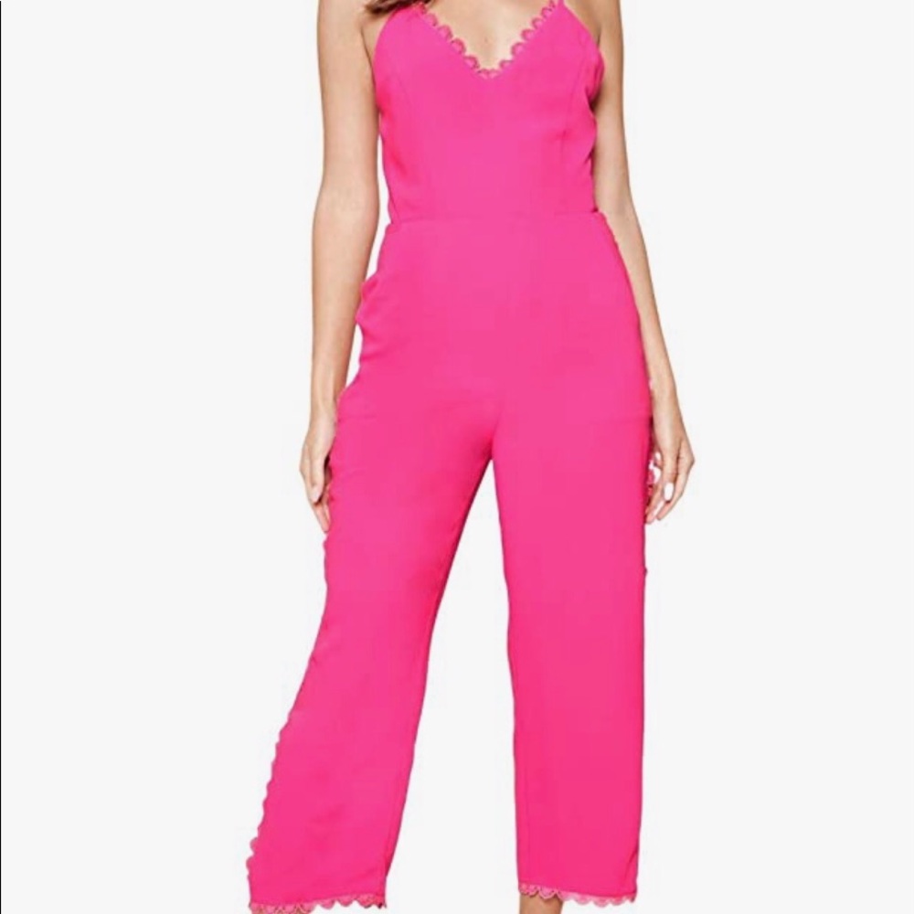 Hot pink jumpsuit with lace and adjustable straps
